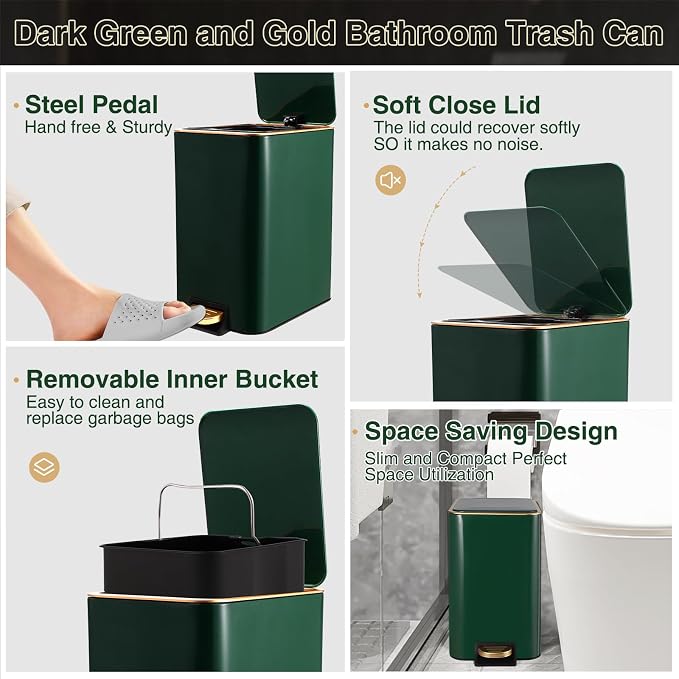 Bathroom Sets with Shower Curtain and Rugs Bathroom Accessories Set Dark Green Bathroom Set,Soap Dispenser & Toilet Brush Holder Set with Stainless Steel Trash Can(23 PCS)