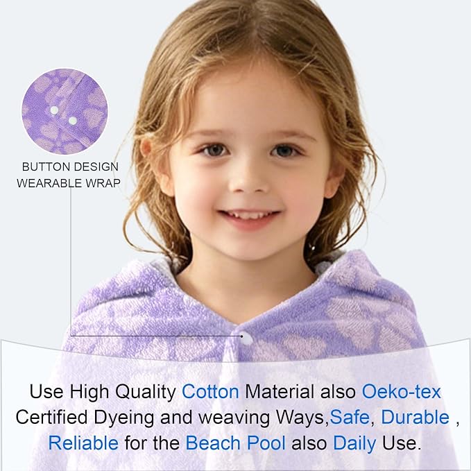 VOOVA & MOVAS Kids Hooded Towel, 3-6 Years, 100% Cotton, Purple Floral | Floral Jacquard Pattern, Quick Drying Texture, Strong Water Absorption, Suitable for Bath, Pool, Swim and Beach Trips