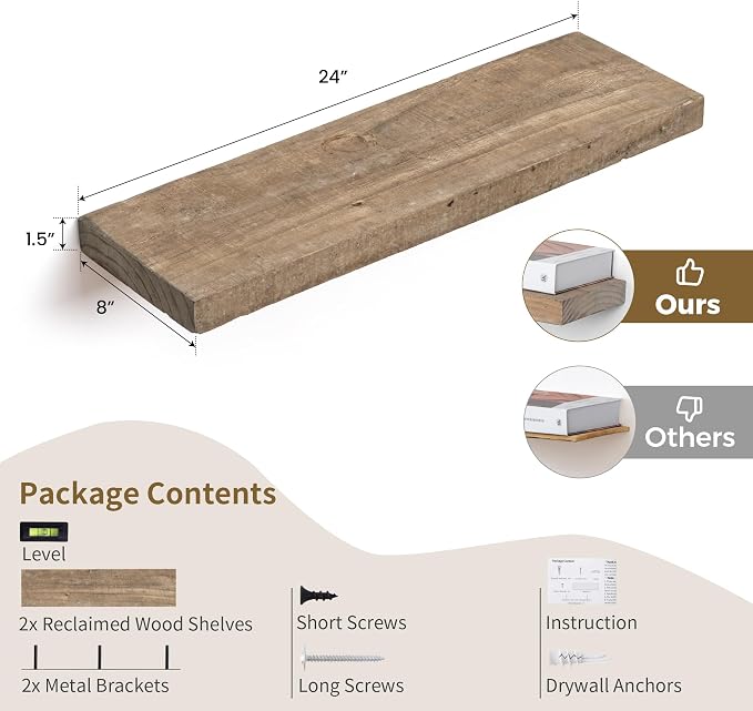 Floating Shelves, 8 Inch Deep Rustic Solid Reclaimed Wood Wall Shelves for Storage, Wall Mounted Display Shelving with Invisible Heavy-Duty Metal Bracket, 24 Inch Width Set of 2, Natural