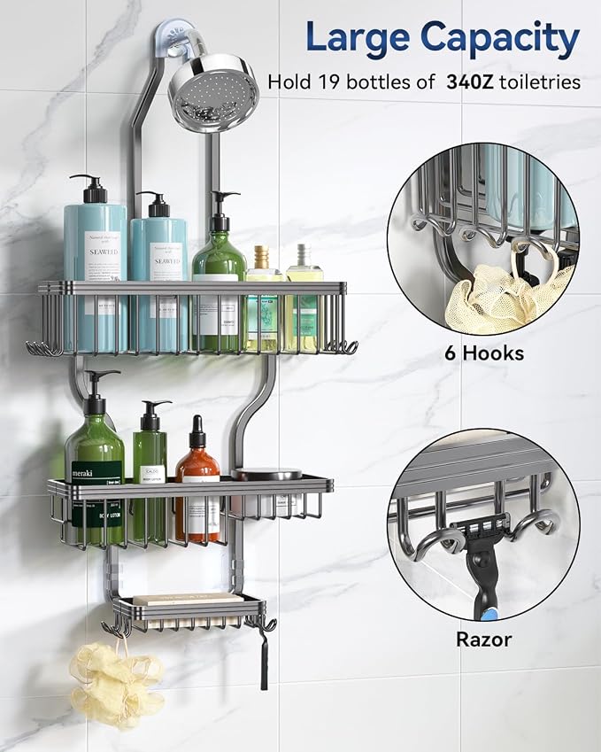 Never Rust Shower Caddy Hanging, Aluminum Shower Racks for Inside Shower, 3-Tier Shower Organizer Hanging Over Shower Head with Hooks and Soap Holder, Grey