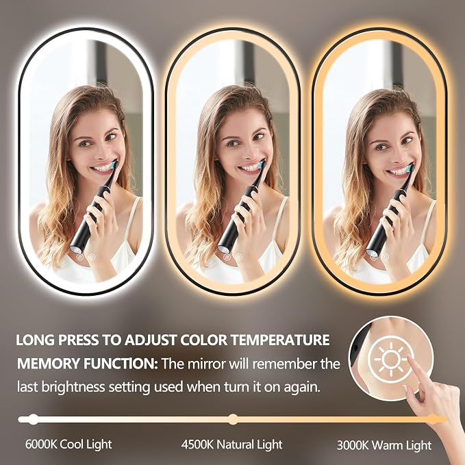Oval LED Bathroom Mirror, Backlit + Front Lit Mirror Black Frame | 3 Color Dimmable, Anti-Fog, 48"x24", Memory Function, Shatter-Proof, HD Glass, Pill-Shaped Mirror, Vertical or Horizontal