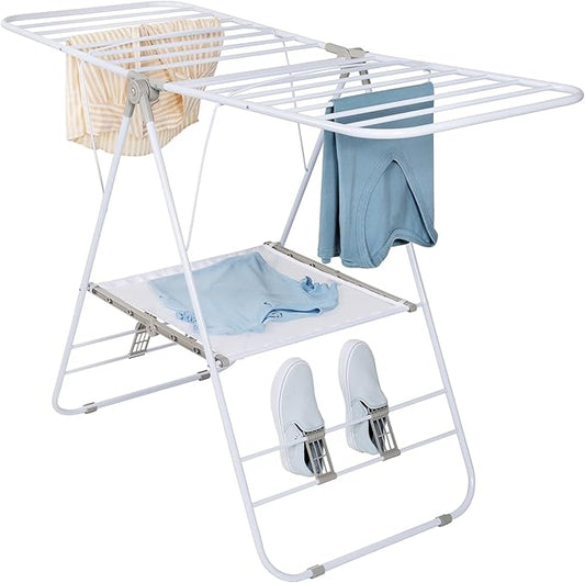 Honey-Can-Do Heavy-Duty Gullwing Clothes Drying Rack, White, 46 Ft | Rust-resistant metal frame; 50 lb capacity; dedicated shoe drying bars; folds flat; indoor or outdoor laundry use
