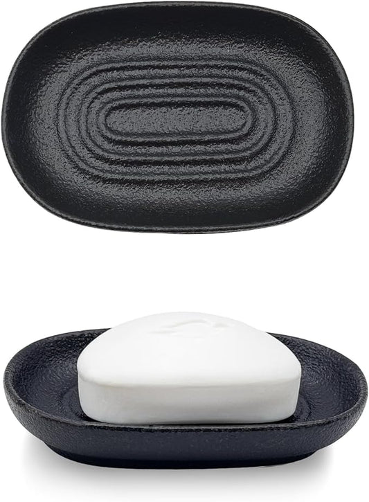 Ceramic Soap Dish for Bathroom & Kitchen Sink- Black Matte Textured Finish Bar Soap Holder for Shower - Easy to Clean Small Simple Oval Soap Dishes Holders for Bar Soaps, Sponges, Jewelry