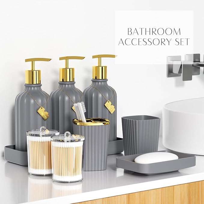 21PCS Bathroom Sets with Shower Curtain and Rugs Bathroom Accessories Set Gray Bathroom Set Complete with Trash Can, Toilet Brush, Qtip Holder & 3PCS Soap Dispenser