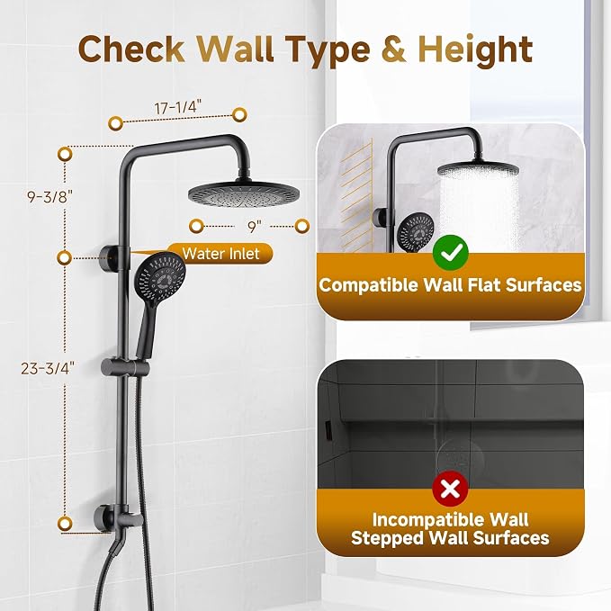 BRIGHT SHOWERS Shower System, 9 Inch Rain Shower Head with 5-Function Hand Shower, Dual Shower Combo with Height Adjustable Holder, Solid Brass Rail, 60 Inch Stainless Steel Hose, Oil-Rubbed Bronze