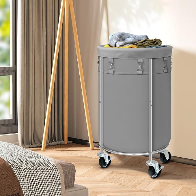 100L Round Rolling Laundry Hamper Basket with Wheels, Grey | Laundry Sorter Cart with Removable Bag, Clothes Organizer, Metal Frame, Bedroom, Bathroom, Laundry Room, Dorm Use