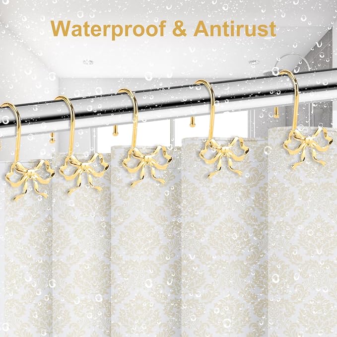 Bow Shower Curtain Hooks, 12-Pack Gold Metal Decorative Bow Knot Rings | Rust-resistant metal rings with gold bow knot accents add decorative charm to bathrooms, guest baths