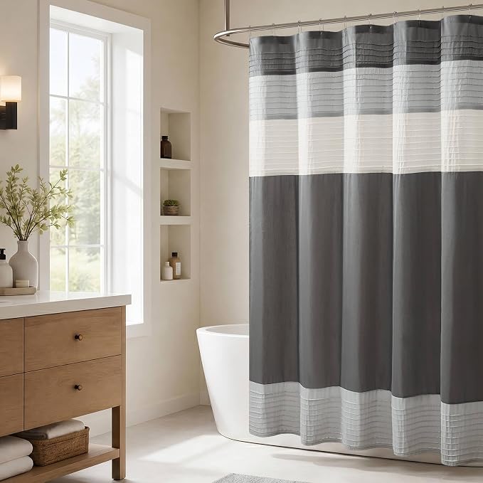 Madison Park Bathroom Shower Curtain, 72 x 84 Extra Long, Faux Silk, Grey | Modern Classic, Light Sheen, Pieced, Striped, Microfiber, Machine Washable, OEKO-TEX Certified, Amherst