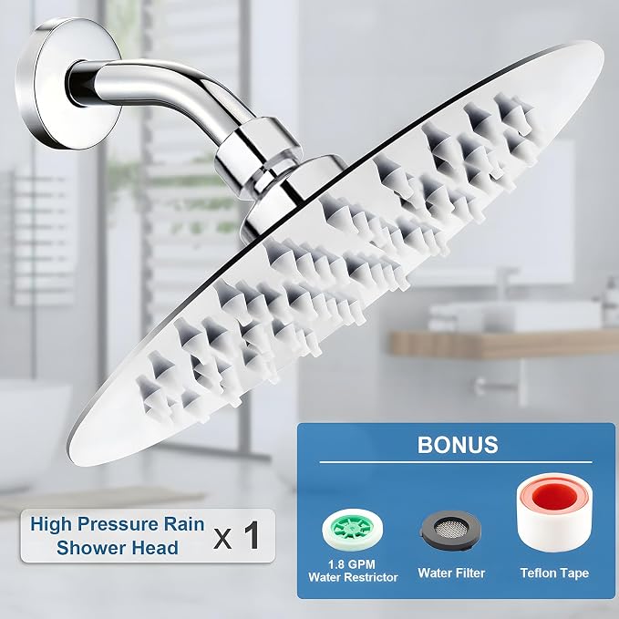High Pressure Rainfall Shower Head, 6 Inches Showerhead with Perfect Adjustable Replacement, Removable Restrictor, Easy Installation for Your Bathroom Shower Heads (Chrome Finish, Ultra-thin)