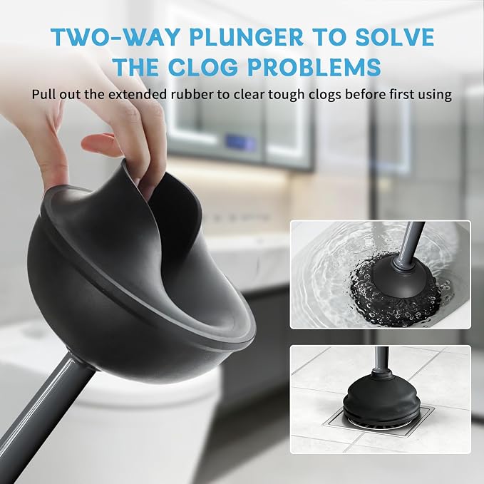 Toilet Brush and Plunger Set, Curved Head for Deep Cleaning, Grey | Brush and Plunger set, Curved Nylon Bristles for Deep Clean, Strong Suction Plunger, Ventilated Holder for Quickly Air Dry