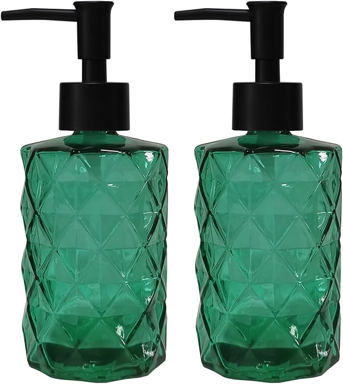 YYTSGG Green Bathroom Soap Dispenser Set with Black Plastic Pump, 12oz | Glass Lotion Dispenser, Crystal Hand Soap Dispenser for Modern Home Decor, Kitchen Countertop, Hotel