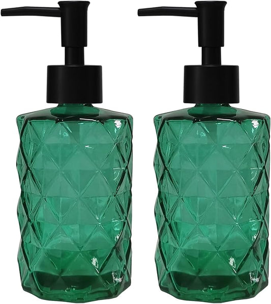 YYTSGG Green Bathroom Soap Dispenser Set with Black Plastic Pump, 12oz | Glass Lotion Dispenser, Crystal Hand Soap Dispenser for Modern Home Decor, Kitchen Countertop, Hotel