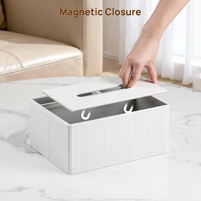 Tissue Box Cover Rectangle PU Leather Tissue Box Holder Rectangular (Ivory) | 2 Storage Compartments, Soft Velvet Lining, Aesthetic Stripes, For 120(3-Ply)/160(2-Ply) Tissue Box