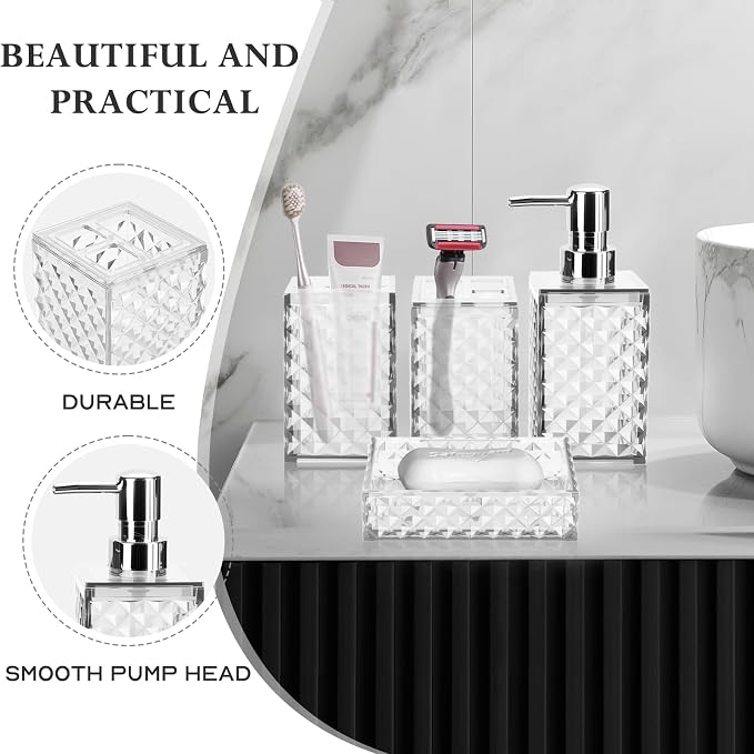 Bathroom Accessory Set, Grid Pattern 4 Pcs Plastic Bathroom Set, White | Include Soap Dispenser, Soap Dish, Toothbrush Holder, Mouthwash Cup, Modern Bathroom Decor Set