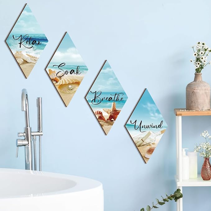 FairySandy 4 Pcs Sea Bathroom Wall Decor 11.8 x 6.69 Inch Seashell Restroom Wall Art Bathroom Coastal Decoration Ocean Sea Minimalist Relax Soak Unwind Breathe Sign for Bedroom Living Room Restroom