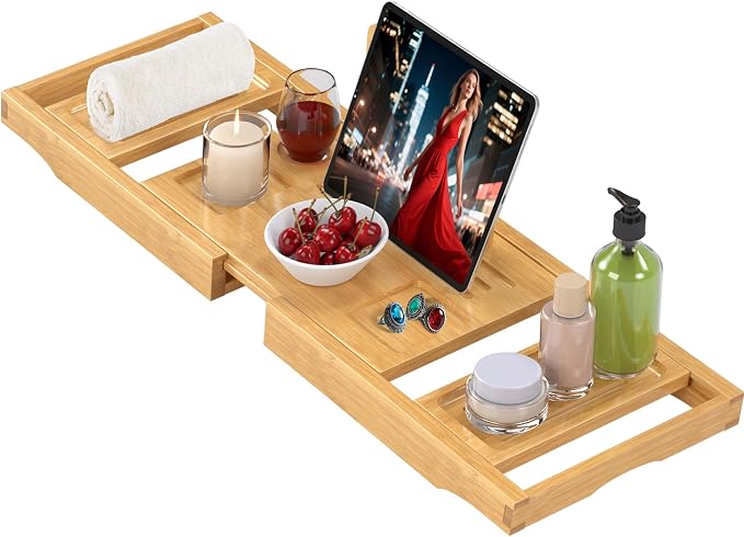 Bathtub Tray Caddy, Bamboo Expandable Bath Tray for Tub | Foldable Bath Table Trays, Bathtub & Bathroom Accessories for New Home & Mothers, Birthday Gifts for Mom, Natural