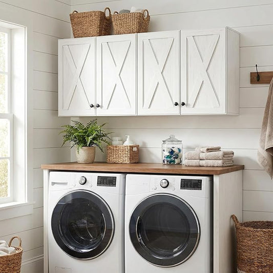 48" W Laundry Room Wall Cabinets, Wall Mounted Storage Cabinet, Farmhouse Wall Cabinet with Adjustable Shelf, Farmhouse Medicine Cabinet, Floating Cabinet for Bathroom, Kitchen, Off-White