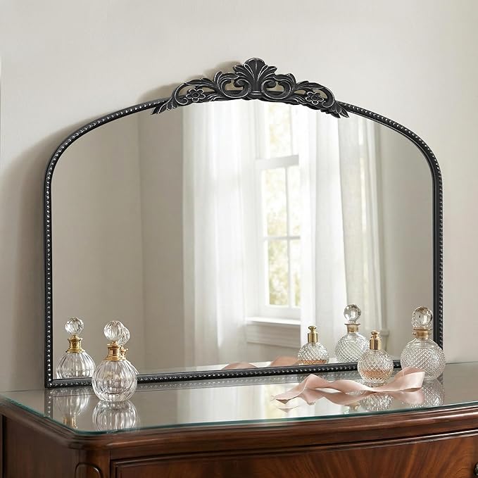 Micasso Vintage Black Arched Mirror: 32"x24" Baroque Antique Vanity Mirror | Traditional Ornate French Decorative Wall Mirror for Bedroom/Bathroom/Entryway/Hallway/Dresser/Mantel/Nightstand/Over Sink