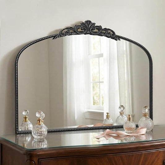 Micasso Vintage Black Arched Mirror: 32"x24" Baroque Antique Vanity Mirror | Traditional Ornate French Decorative Wall Mirror for Bedroom/Bathroom/Entryway/Hallway/Dresser/Mantel/Nightstand/Over Sink