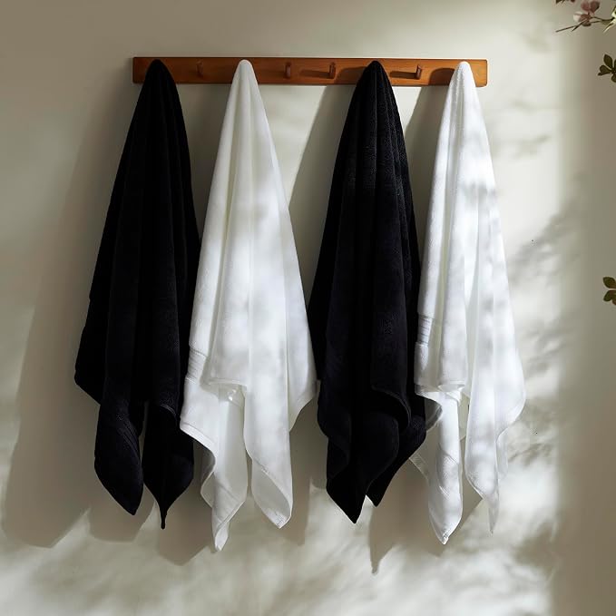 COZYART Luxury Bath Towels 4 PCS, 27x54 650 GSM Turkish Cotton, Black+White | Zero Twist 100% Ring Spun Cotton, Fluffy, Ultra Soft, Super Absorbent, Quick Dry, Large Towels for Hotel Spa Bathroom Shower