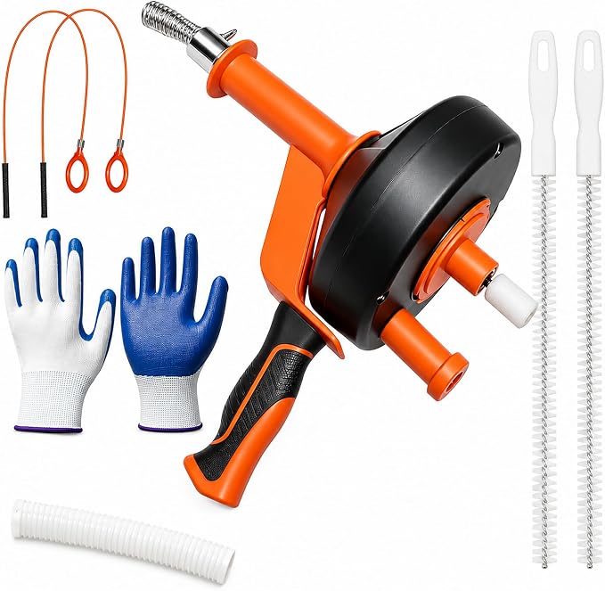 Drain Auger 33FT, Drain Snake with Drill Attachment, Flexible Plumbing Snake Clog Remover, Heavy Duty Manual Drain Cleaner Tool for Kitchen Bathroom Shower Sink, Includes Gloves & Cleaning Brush