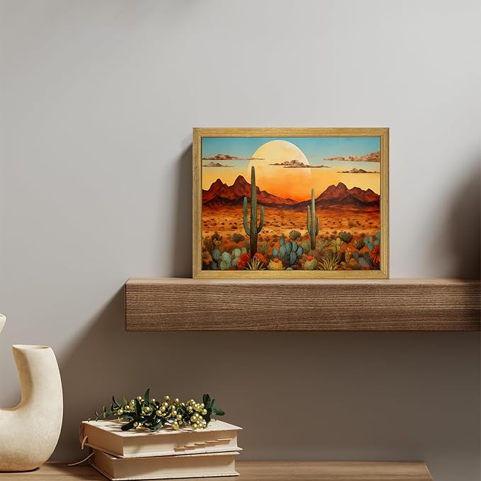 Framed Western Desert Sunset Cactus Wall Art, Vintage Southwest Nature Landscape Canvas Print, Rustic Wall Decor Picture, Boho Mexican Oil Painting for Living Room Bedroom Office bathroom 8x10 Inch