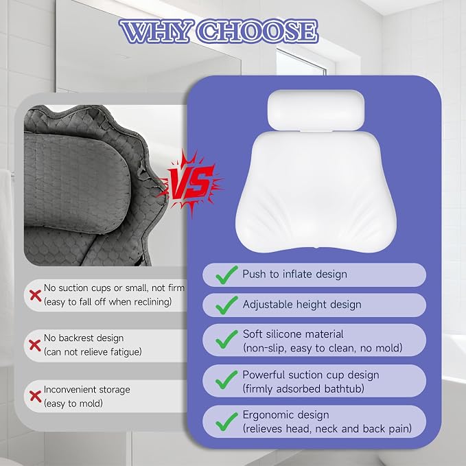 Silicone Bath Pillow, Upgraded Bath Pillows for Tub, Adjustable Height Bathtub Pillow for Head and Neck, 4D Luxury Tub Pillow Skin-Friendly Large Suction Cups Stability, Spa Relaxation-White