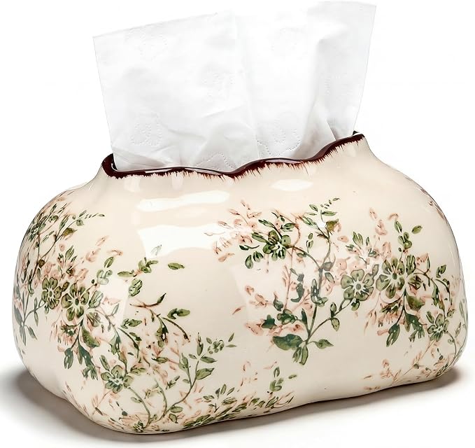Yalikop Vintage Ceramic Tissue Holder Tissue Box Cover,Blossoms | Floral Retro Rustic Farmhouse Home Decor for Bathroom Vanity Table Living Room Bedroom Kitchen Office