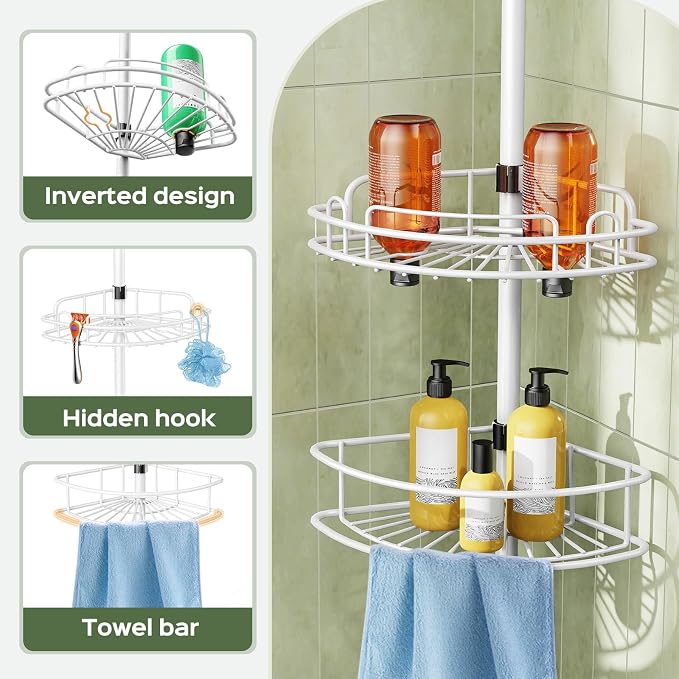 HAMITOR Rustproof Bathtub Corner Shelf, 4-Tier Shower Caddy Tension Pole | Adjustable Bathroom Organizer For Shampoo, Accessories, Storage, No-Drill Quick Install, Space-Saving 47.7-123.6 Inch, White