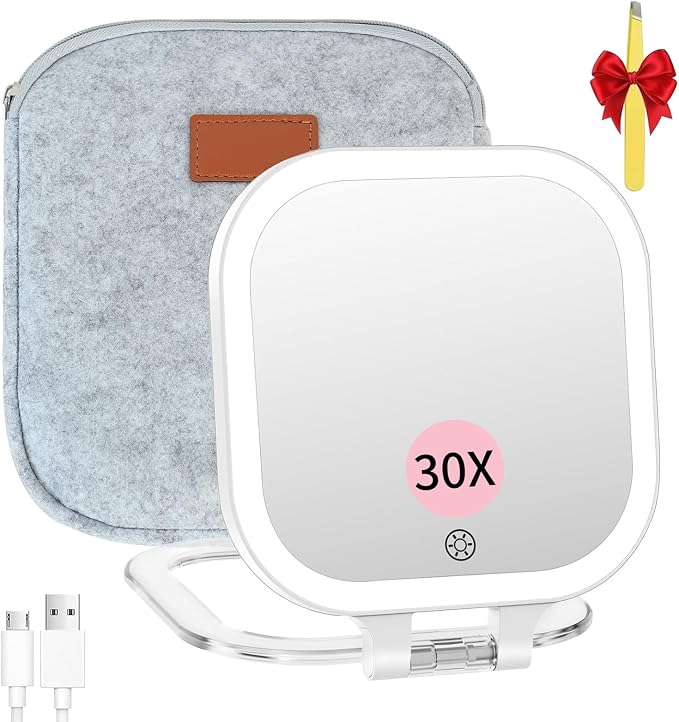 7" Rechargeable Travel Makeup Mirror 30X Magnification (Felt) | Lighted Portable Vanity Mirror with 3 Colors Lighting & Stepless Dimming, Double Sided LED Mirror, Gift for Women