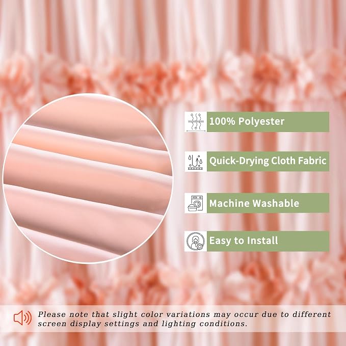 Peach Ruffle 72x96 Inch Shower Curtain | Vintage Handcrafted Bow Tie Bath Curtain for Master Bathroom, Ruched Microfiber Bathroom Curtain with 12 Buttonholes (LQ-10)