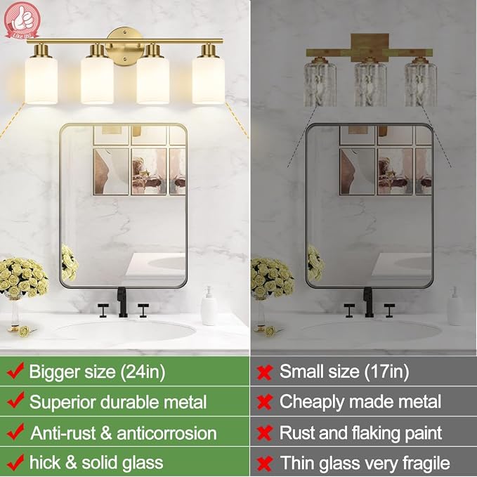 Zarbitta 4-Light Bathroom Light Fixtures, Brushed Gold Modern Vanity Lights with Milky White Frosted Glass Shades, Bathroom Wall Lamp for Mirror Kitchen Living Room