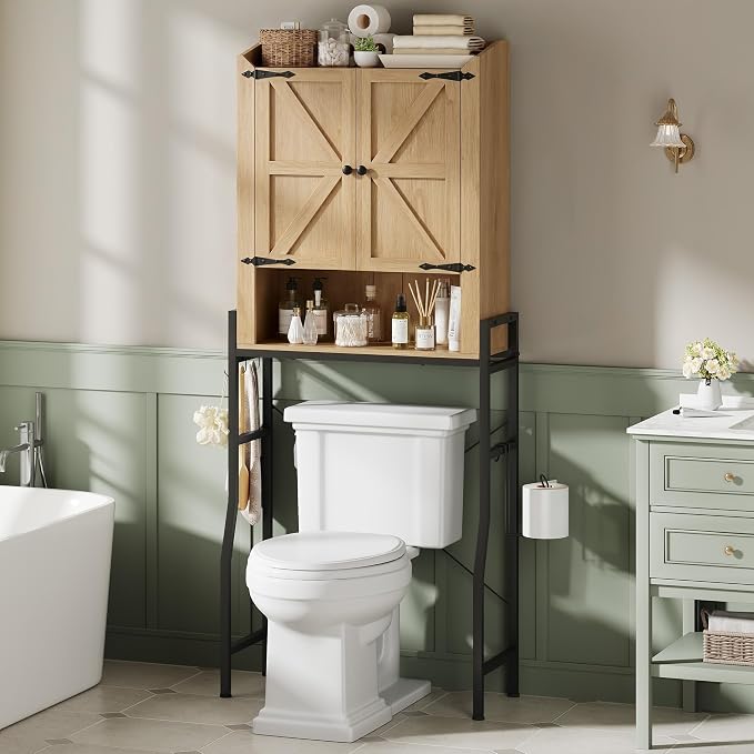 Over The Toilet Storage Cabinet with 2-Door & Metal Stand, Wood | Toilet Paper Holder, 3 Extra Hooks, Anti-Tipping Device, With Adjustable Shelves, for Bathroom, Restroom, Laundry