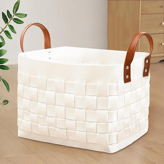 Blankets Basket 16.5 " x13 x13 , Large Rectangular Laundry Hamper with Leather Handle, Soft Dog Toy Basket for Storage-Beige
