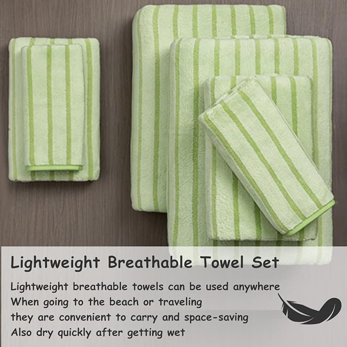 8 Pcs Grass Green Cabana Stripe Large Bath Towel Set - 2 Oversized Bath Sheets, 2 Hand Towels, 4 Washcloths - Soft Jumbo Absorbent Shower Beach Chair Spa Gym Hotel Towels