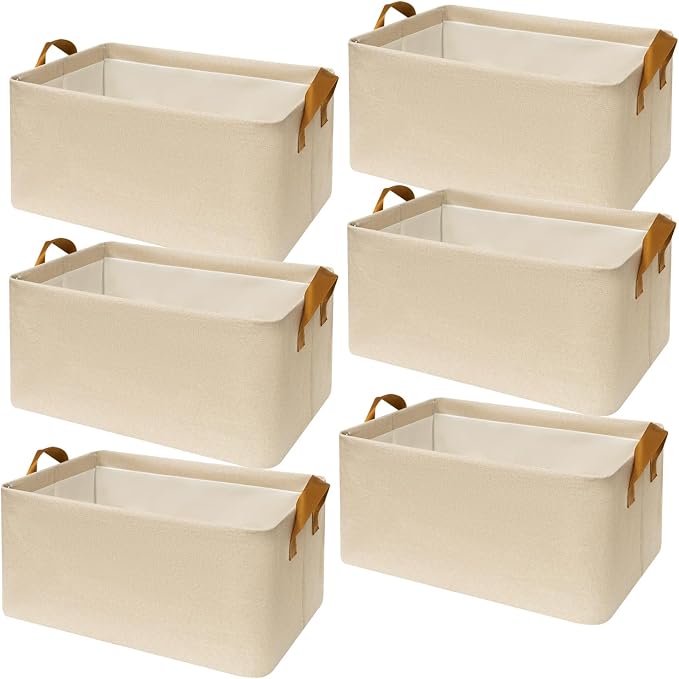 6 Pack Closet Cloth Storage Bins with Handles（ Beige 17''L x 12''W x 10''H）