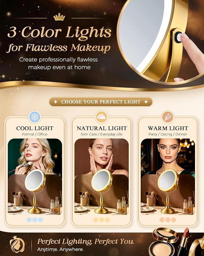 30X/1X Makeup Mirror with Lights, 8" Double Sided Vanity Mirror with Lights | 3 Color Modes & Dimmable, 5000mAh Rechargeable, Side Touch + Side Charging, 360° Rotation Tabletop Mirror, Brushed Gold
