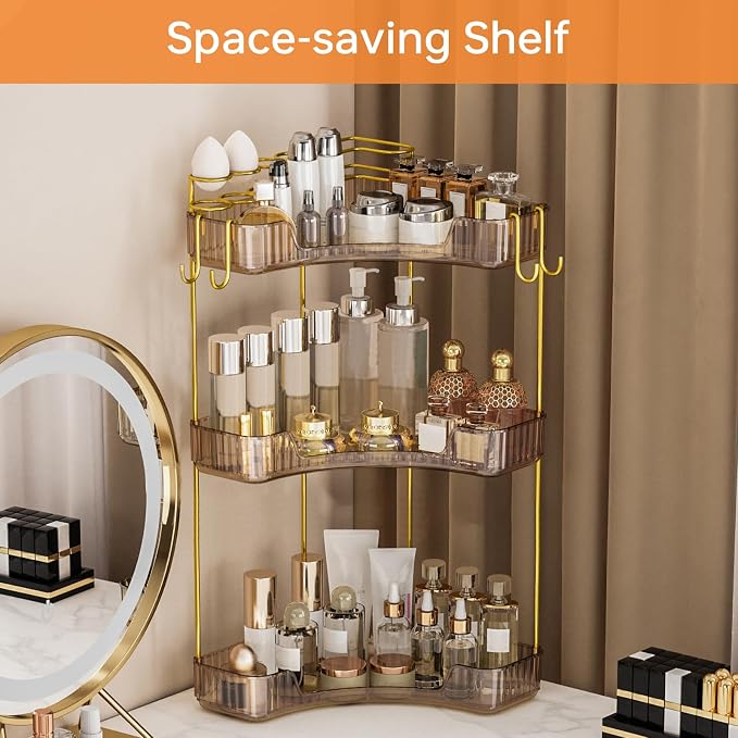 3-Tier Corner Bathroom Counter Organizer，Makeup & Skincare Shelf with Built-in Brush Holder，Space-Saving Bathroom Countertop Organizer for Skincare, Perfume, Cosmetics(Amber)