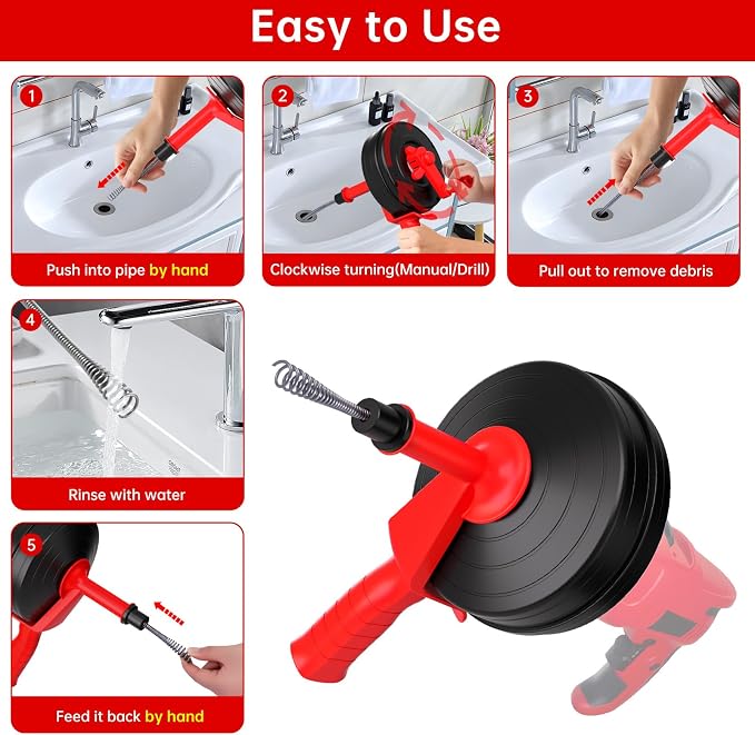 25 Feet Drain Snake Auger SEVVETROOL Plumbing Snake Drain Hair Clog Removal Tool | Plumbing Snake Clog Remover with Glove for Shower,Bathtub,Sink,Kitchen,Sewer(7.5M/25ft,Red)