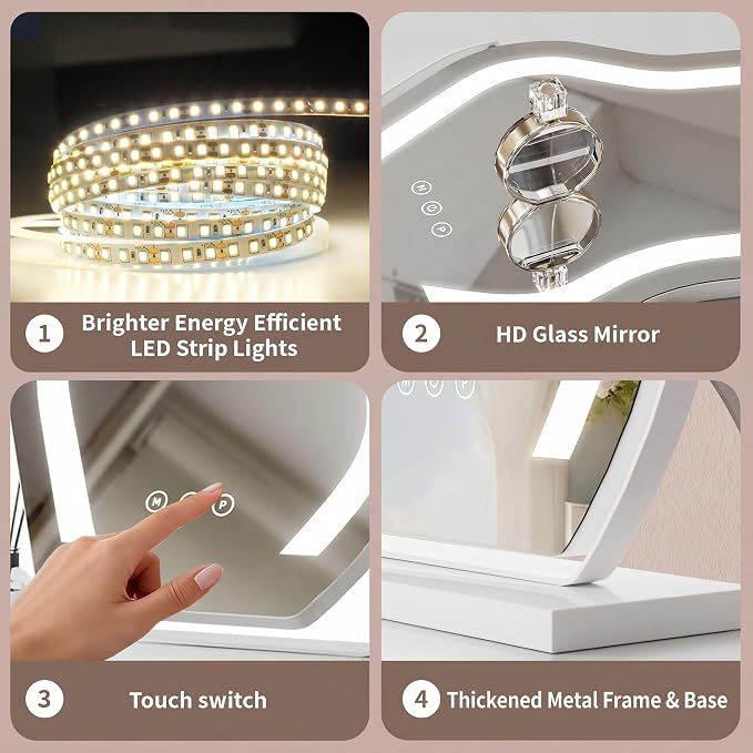 12.6''x17'' Tabletop LED Makeup Vanity Mirror Cloud Shaped | Smart Touch Control 3-Color Dimmable 360° Rotation Memory White Metal Frame Plug-in AC Power Gift Mirror