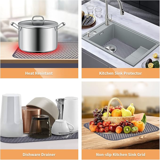 LONGFITE Sink Protector Mats 2 Pcs Silicone Kitchen Sink Mat Draining Heat Proof Mat with Rear Center Drain (Rear Drain)