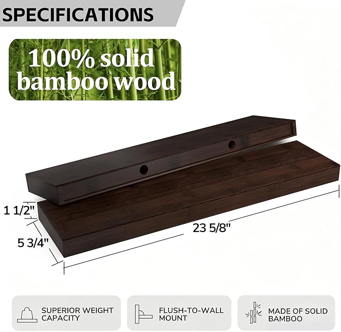BAMEOS Solid Bamboo Floating Shelves, Set of 2 with Invisible Brackets, Natural Wood Grain Decor for Living Room, Bedroom, Kitchen, Bathroom & Office Storage