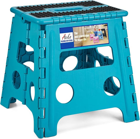 ACKO 13" Folding Step Stool, Non-Slip Surface for Adults & Kids, Dot Blue | Collapsible Heavy Duty Foldable Stools, Portable Foot Stepping Stool Holds 300 lbs, Kitchen Bathroom Outdoor, with Handle