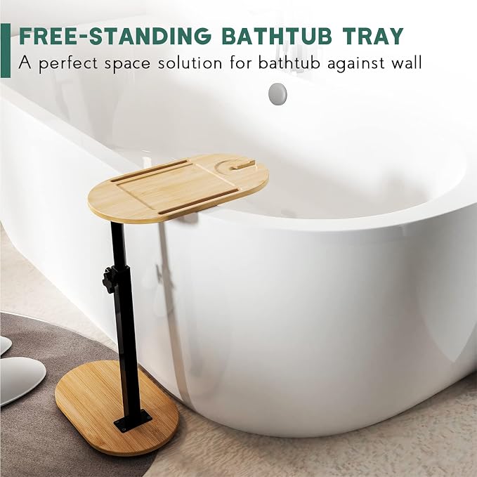 Bamboo Bath tub Tray Table with Adjustable Height | Freestanding Bathtub Tray Bath Caddy Tray against Wall, Bathtub Side Table for Luxury Bath Patent Protected (Natural)