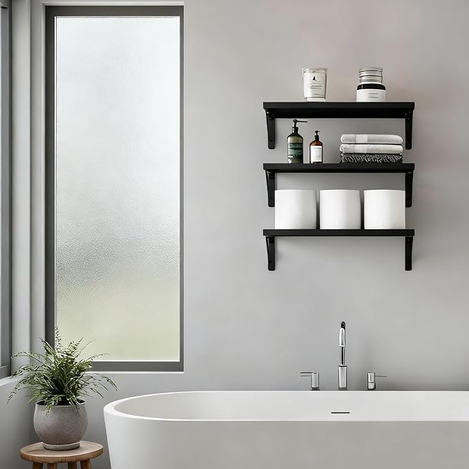 Fixwal Wall Floating Shelves for Home Decor (Black, Set of 3, 16.5 Inch) | Wood Shelves, Natural Grain, 40Lb Capacity, Sturdy Triangle Brackets, Versatile for Any Room