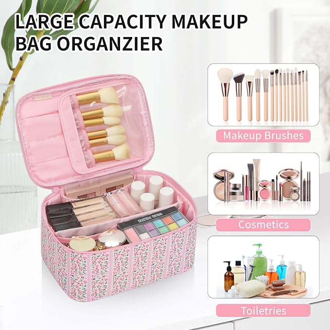 Makeup Bag for Women - Travel Cosmetic Organizer with Brush Slot & Divider, Large Capacity Toiletry Bag for Girls, Travel Makeup Case for everyday Make up Accessories -Pink Floral