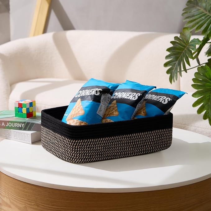 MiniArk Large Shallow Organizing Baskets 15x11x5.1 Inches - Rope Woven Storage Bins for Bathroom, Shelves, Cube Closet, Black Woven Brown 3 Packs