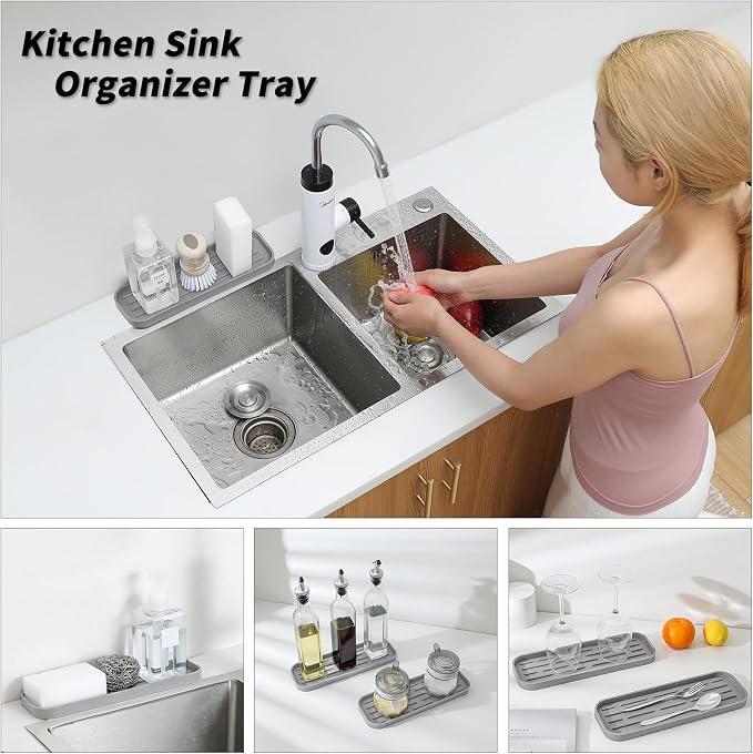 MicoYang Silicone Kitchen Sink Organizer Tray for Multiple Usage,Eco-Friendly Sponges Holder for Kitchen Bathroom Counter or Sink,Dish Soap Dispenser,Scrubber,Bottle,Cup (Grey, 12"×4")