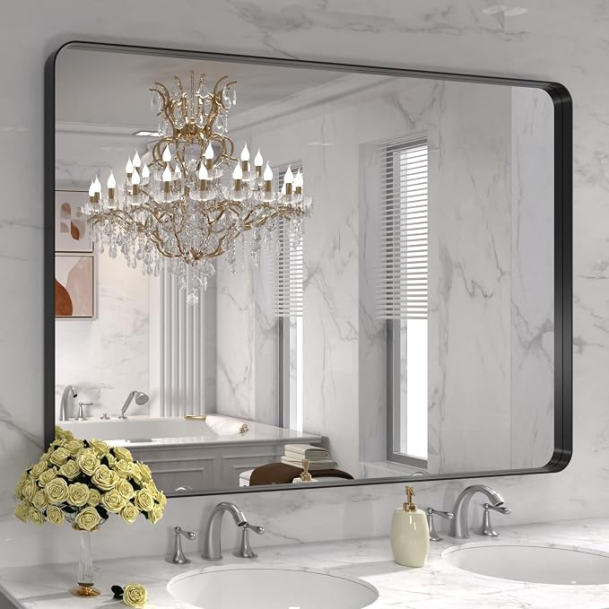 LOAAO 48X30 Inch Black Metal Framed Bathroom Mirror for Wall, Matte Black Bathroom Vanity Mirror Farmhouse, Large Rounded Rectangle Mirror, Anti-Rust, Tempered Glass, Hangs Horizontally or Vertically | Matte Black, Rounded Rectangle, Anti-Rust, Tempere...