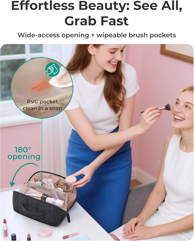 BAGSMART Travel Makeup Bag for Women, Portable Water-resistant Cosmetic Case, Puffy Padded Make Up Organizer Pouch, Open Flat Toiletry Bag for Toiletries, Brushes, Mist Purple